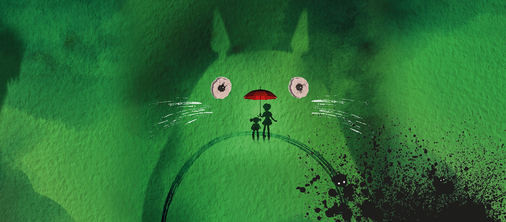 A green background with the outline of a creature. Two silhouetted children in the centre hold up a red umbrella where the creature's nose would be.