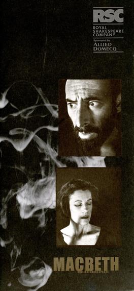 Macbeth programme cover showing bearded Antony Sher headshot, swirling smoke and Harriet Walter with eyes closed