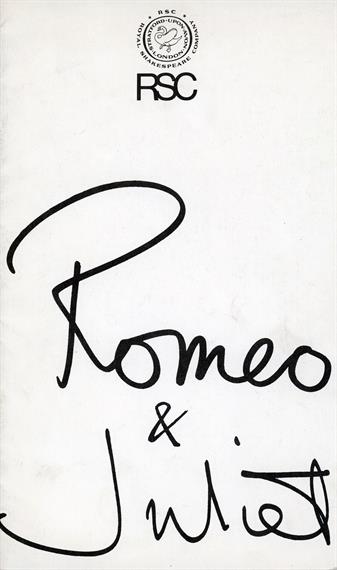 Theatre programme for Romeo and Juliet 1986 with black ink handwritten title like signature on white background