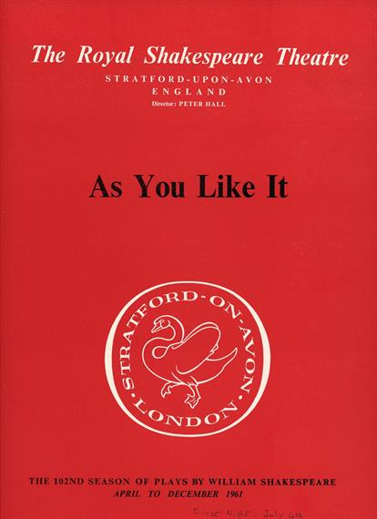 Theatrical programme for As You Like It 1961 with black title one red background and white Stratford swan emblem