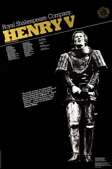 Theatrical poster featuring Alan Howard as Henry V in armour, 1975