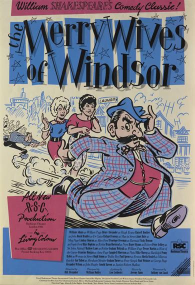Theatrical poster in 1950s cartoon style showing check-suited fat moustached man running away from a blond and dark women and an urban crowd in pursuit