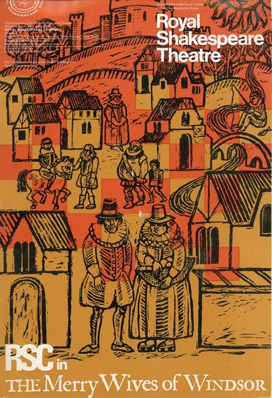 Programme cover for The Merry Wives of Windsor, 1968, featuring a naive woodcut with a castle, Elizabethan houses and townsfolk