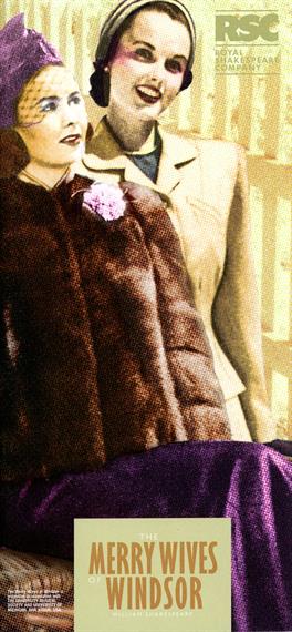 Theatrical programme for The Merry Wives of Windsor, 2002, featuring fashion drawings of two 1940s women, on in fur coat and one in pale coat and matching hat
