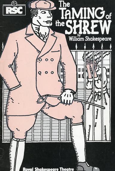 Programme cover for The Taming of the Shrew 1978 featuring a drawn image of an Edwardian gentleman holding a short whip and a woman behind bars