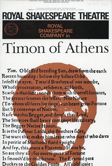 Cover of programme for Timon of Athens, 1965, showing the text of the play superimposed on a sketch of a male head