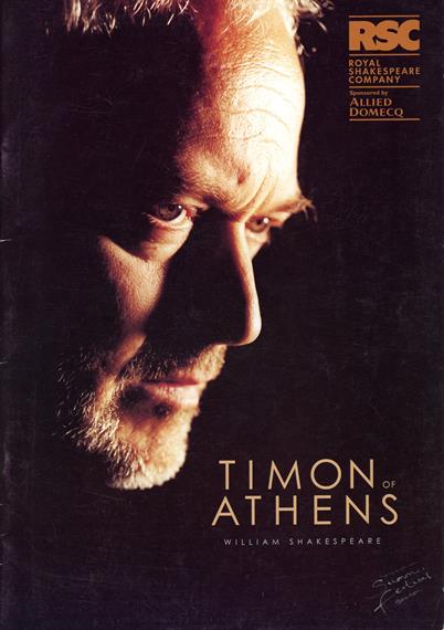 Theatrical programme cover for Timon of Athens 1999 featuring Michael Pennington head shot in profile looking right