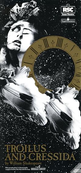 Theatical poster for Troilus and Cressida 1990 showing a starry sky, a Roman numeral dial and a blurred female face