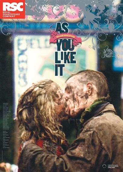 Theatrical poster for As You Like It 2013 showing a muddy couple kissing at a pop concert