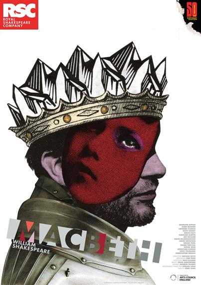 Theatrical poster for Macbeth 2011 showing a crowned man, part of his face obscured by a red superimposed woman