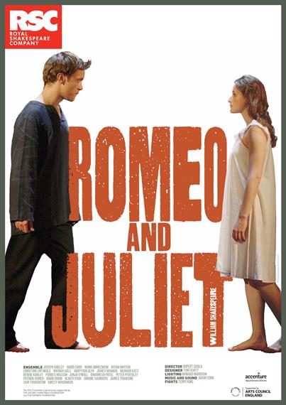Theatrical poster for Romeo and Juliet 2010 showing modern-dressed young man on left of red play title and young woman on right , facing each other