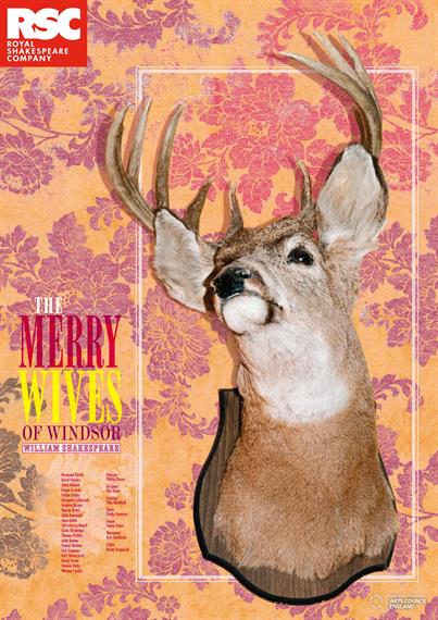 Poster for The Merry Wives of Windsor 2012 showing the head of a deer mounted on floral wallpaper